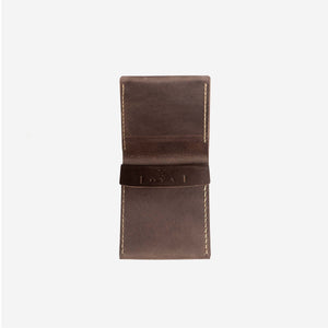 flat lay of rich brown leather wallet with an interior pocket, etched logo and hand stitched detailing