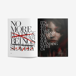 A flatlay of an open magazine featuring pages containing bold monochome text and an image of a woman.